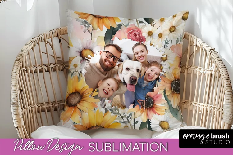 Family Photo Frame Pillow Sublimation - Floral Pillow Cover