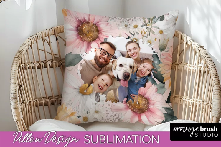 Family Photo Frame Pillow Sublimation - Floral Pillow Cover