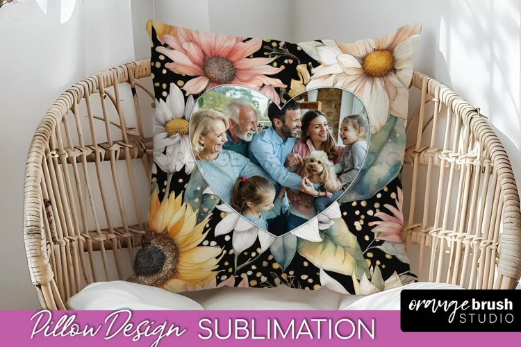 Family Photo Frame Pillow Sublimation - Floral Pillow Cover