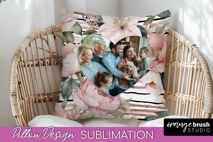Family Photo Frame Pillow Sublimation - Floral Pillow Cover