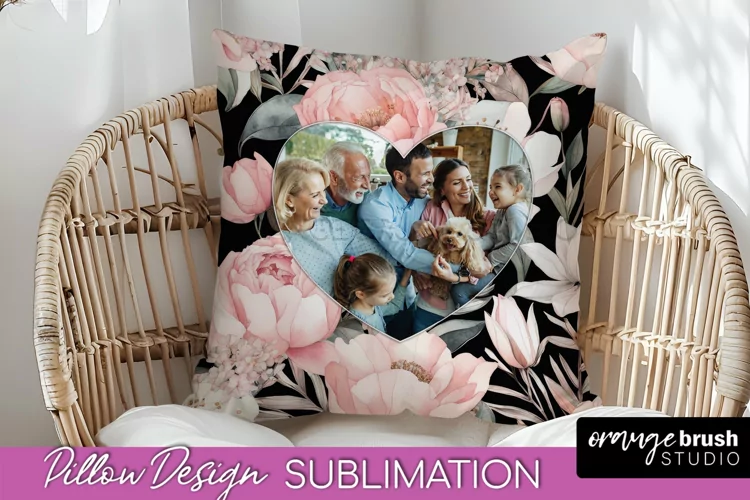 Family Photo Frame Pillow Sublimation - Floral Pillow Cover