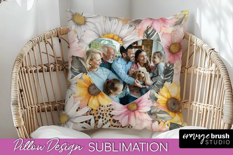 Family Photo Frame Pillow Sublimation - Floral Pillow Cover