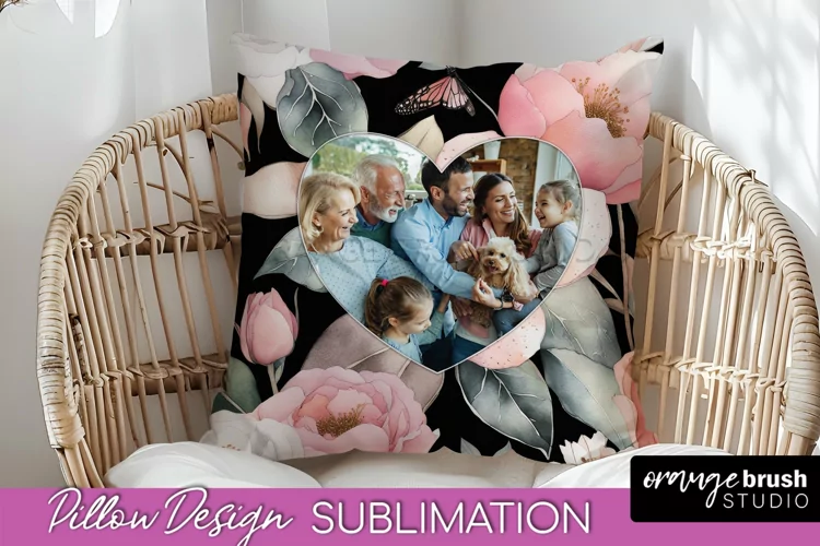 Family Photo Frame Pillow Sublimation - Floral Pillow Cover
