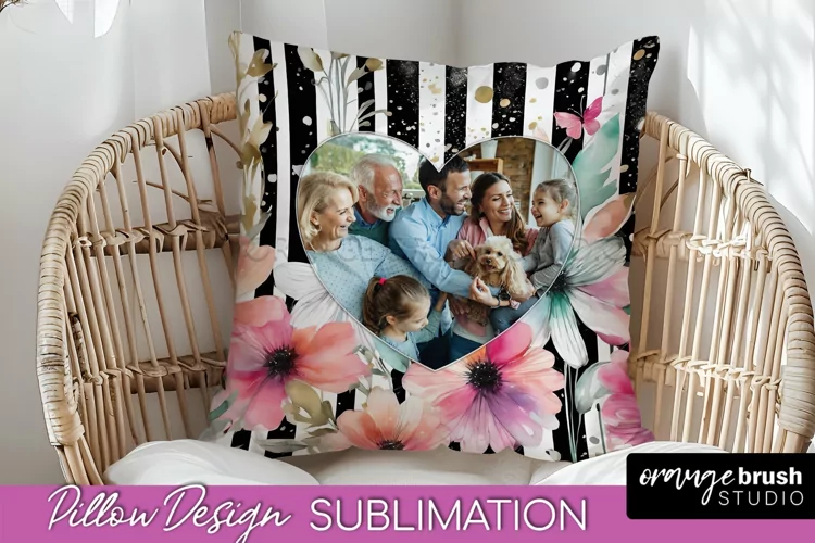 Family Photo Frame Pillow Sublimation - Floral Pillow Cover