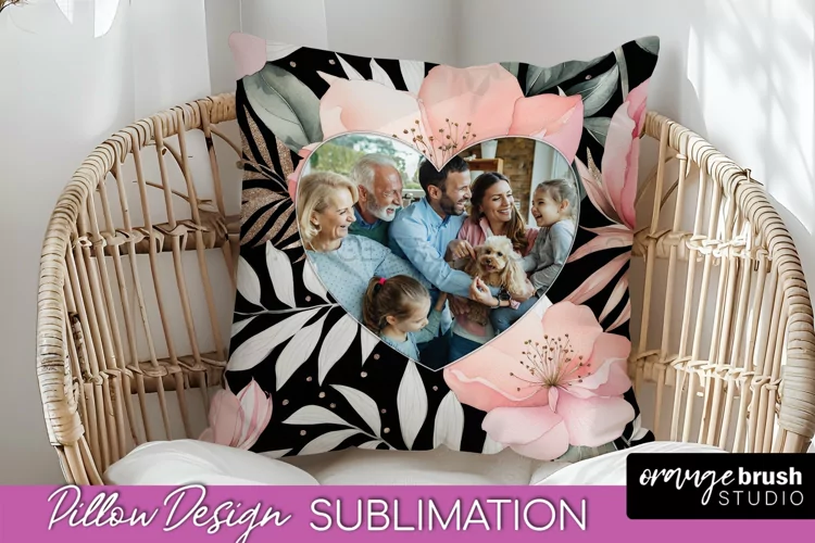 Family Photo Frame Pillow Sublimation - Floral Pillow Cover