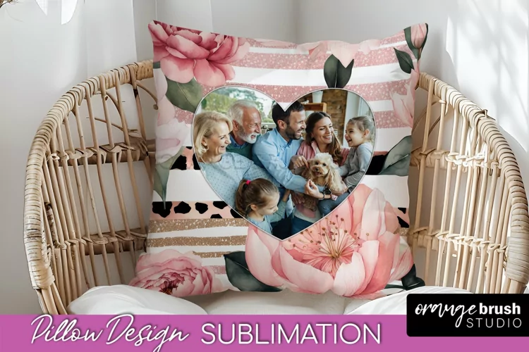 Family Photo Frame Pillow Sublimation - Floral Pillow Cover