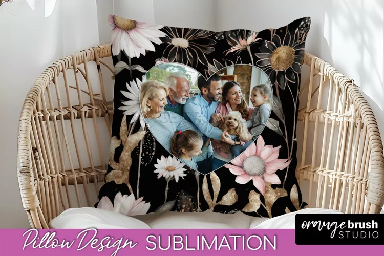 Family Photo Frame Pillow Sublimation - Floral Pillow Cover