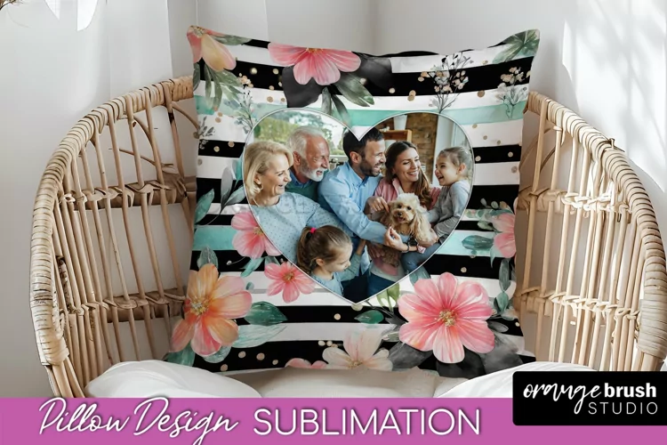 Family Photo Frame Pillow Sublimation - Floral Pillow Cover