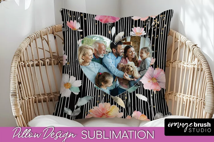 Family Photo Frame Pillow Sublimation - Floral Pillow Cover