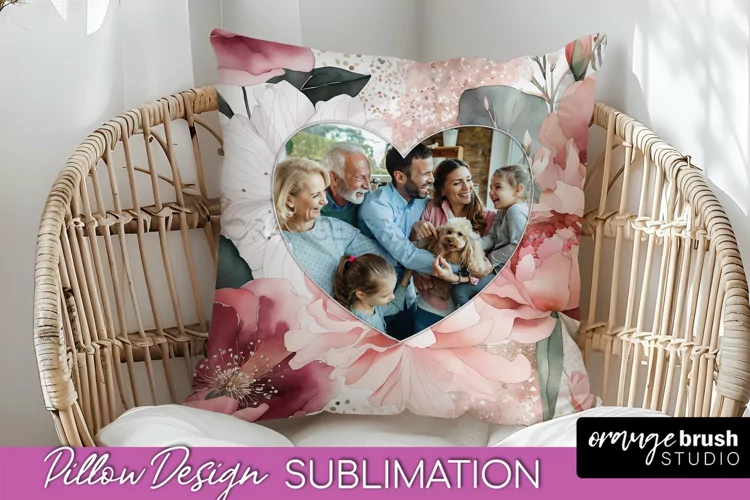 Family Photo Frame Pillow Sublimation - Floral Pillow Cover