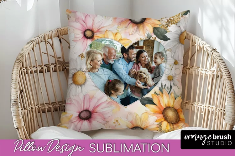 Family Photo Frame Pillow Sublimation - Floral Pillow Cover