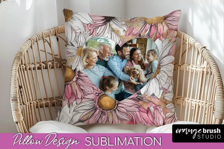 Family Photo Frame Pillow Sublimation - Floral Pillow Cover