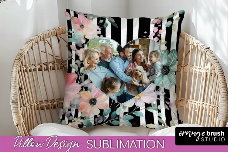 Family Photo Frame Pillow Sublimation - Floral Pillow Cover
