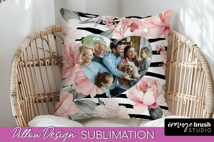 Family Photo Frame Pillow Sublimation - Floral Pillow Cover