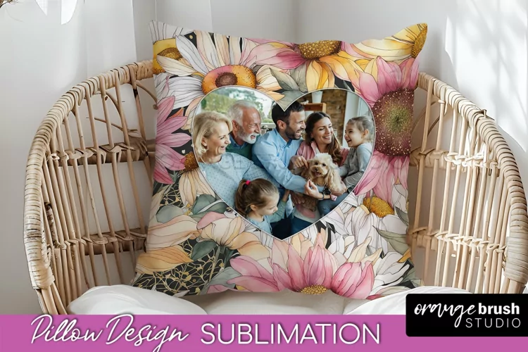 Family Photo Frame Pillow Sublimation - Floral Pillow Cover