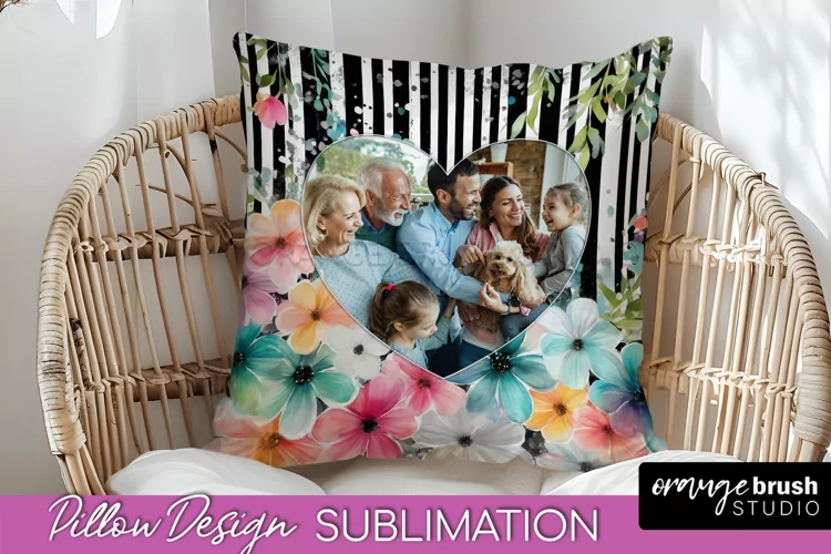 Family Photo Frame Pillow Sublimation - Floral Pillow Cover
