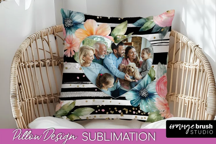 Family Photo Frame Pillow Sublimation - Floral Pillow Cover