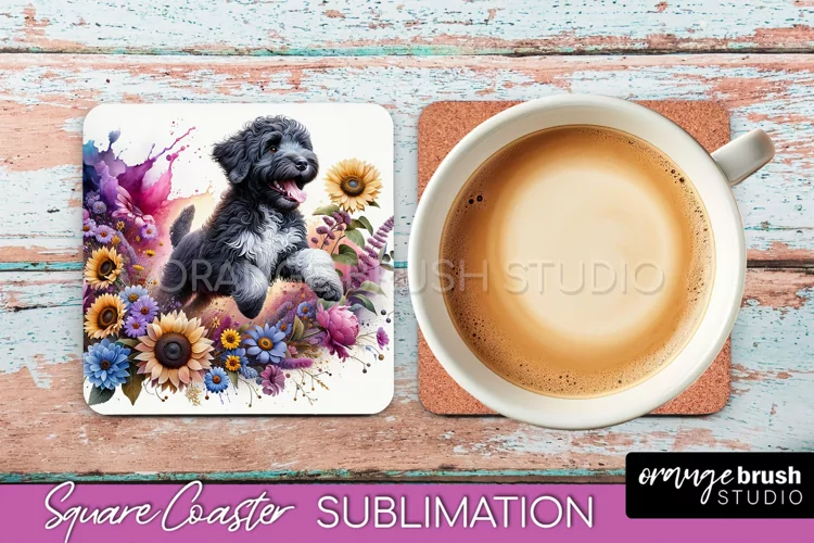 Portuguese Water Dog Square Coaster Dog Sublimation Floral