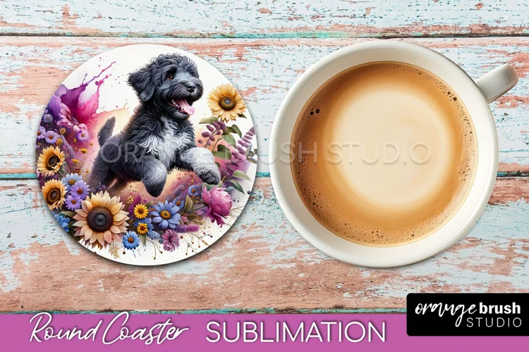 Portuguese Water Dog Round Coaster Dog Sublimation Floral