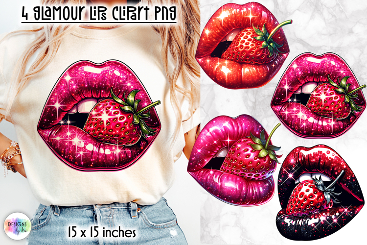 Glam Strawberry Lips Clipart PNG, Sparkly Lips Valentine PNG