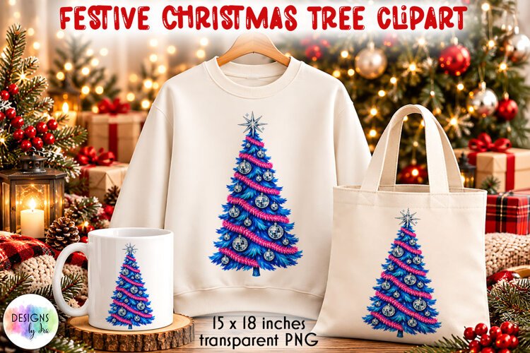 Blue Disco Christmas Tree PNG with Pink Tinsel example image 1