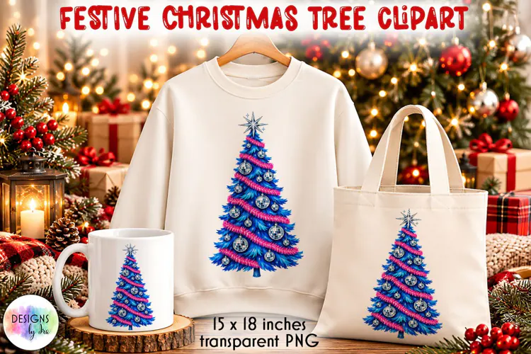 Blue Disco Christmas Tree PNG with Pink Tinsel