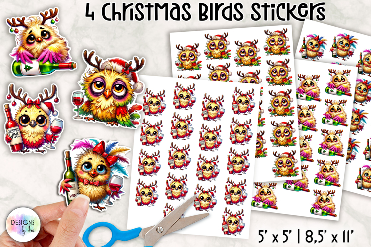 Funny Christmas Birds Stickers, Wine Lover Christmas Sticker