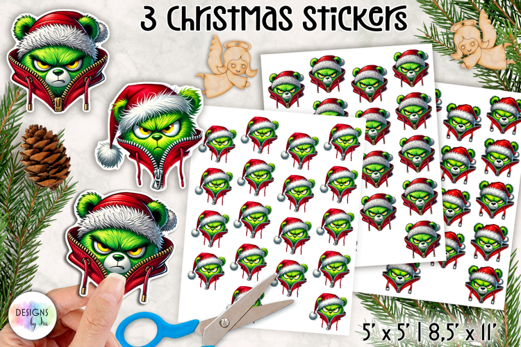 Christmas Grumpy Stickers, Funny Green Character Holiday