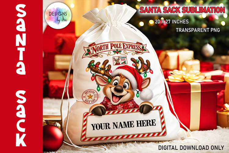 Santa Sack Sublimation PNG, Reindeer PNG, North Pole Mail