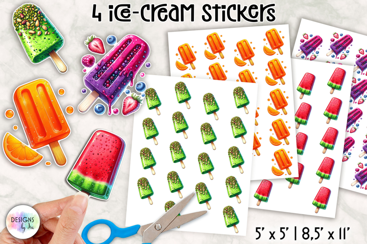 Summer Ice Cream & Popsicle Stickers PNG, Summer Stickers