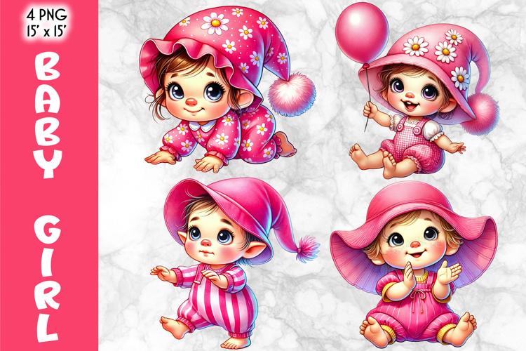 Cute Nursery Clipart, Baby Girl Gnome PNG, Baby Shower Art