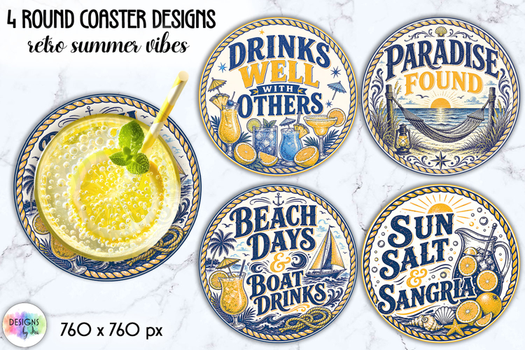 Retro Summer Coastal Coaster Sublimation, Beach Cocktails