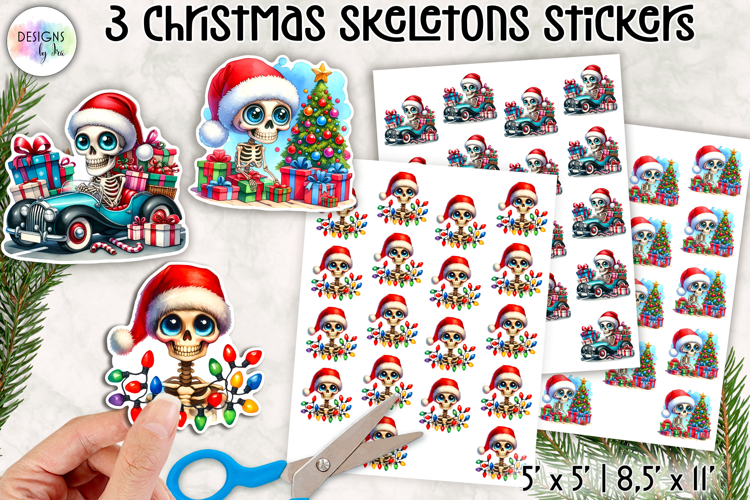 Cute Christmas Skeleton Stickers, Funny Santa Skull Stickers
