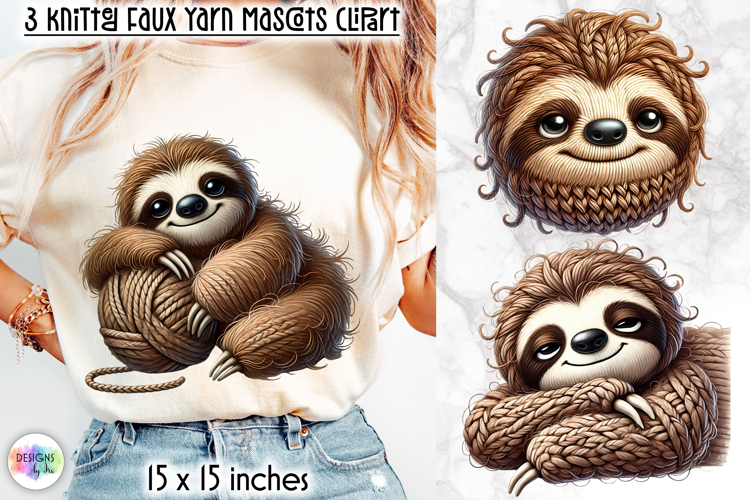 Knitted Sloth Clipart, Faux Yarn Plush Mascot Sublimation
