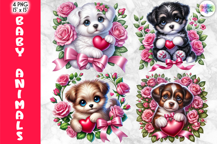 Valentine Baby Animals with Hearts Clipart, Cute Puppy PNG
