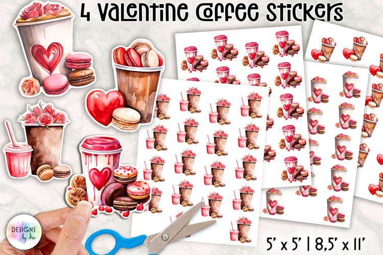 Valentine Coffee Stickers Clipart, Pink & Red Café Drinks