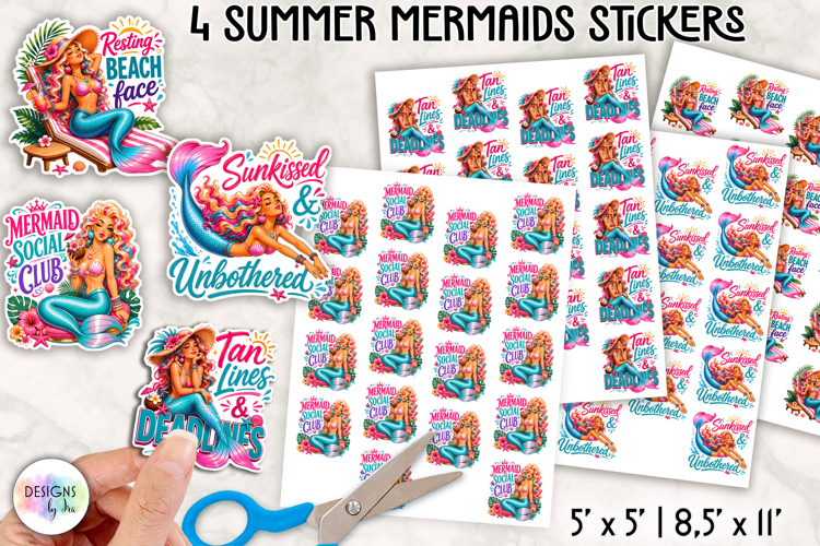 Summer Mermaid Stickers PNG, Tropical Planner Stickers