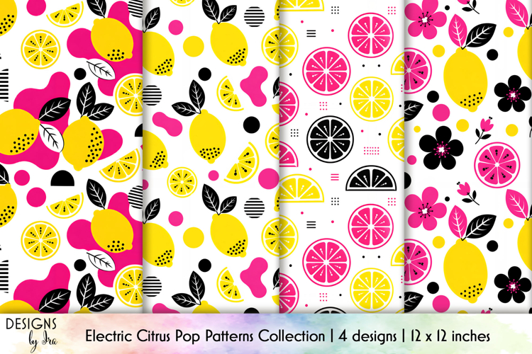 Vibrant Lemon Seamless Patterns, Neon Citrus Digital Paper