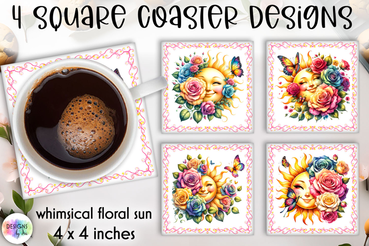 Whimsical Floral Sun Coaster Sublimation, Square Coaster PNG