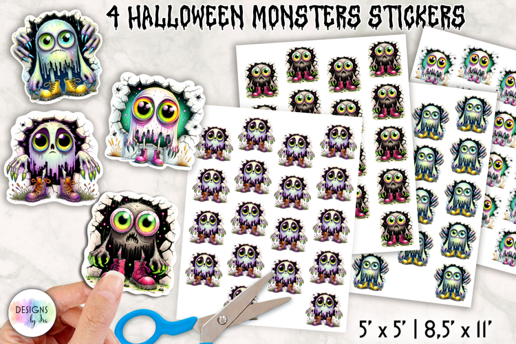 Halloween Monster Stickers, Cute Creepy Monster Clipart
