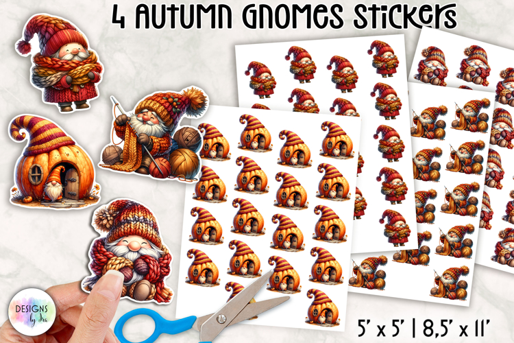 Autumn Gnome Stickers, Cute Fall Harvest Pumpkin and Leaves