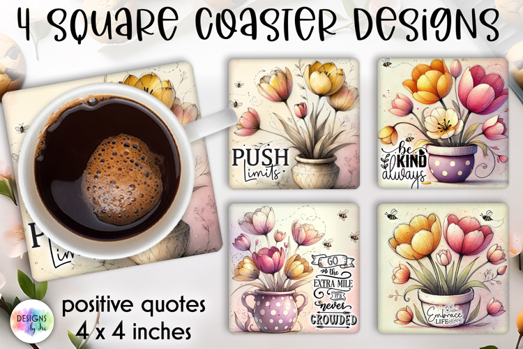 Spring Floral Coaster Sublimation, Positive Quotes Coasters