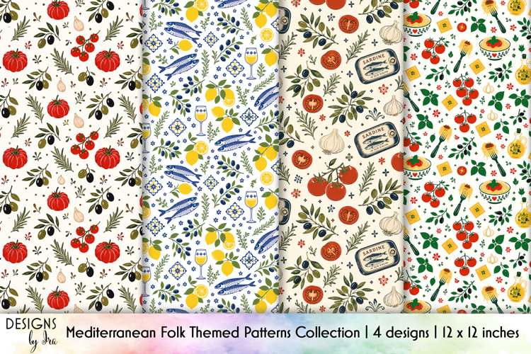 Italian Kitchen Folk Art Seamless Pattern, Mediterranean PNG