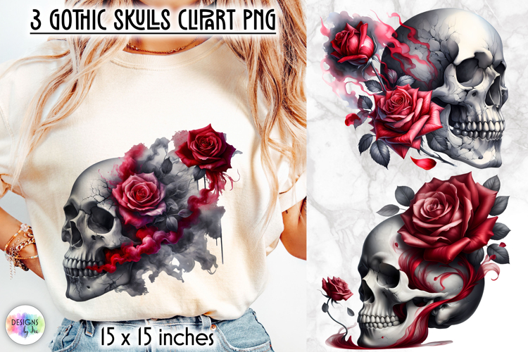 Gothic Skull Clipart, Dark Roses & Crow Skull PNG