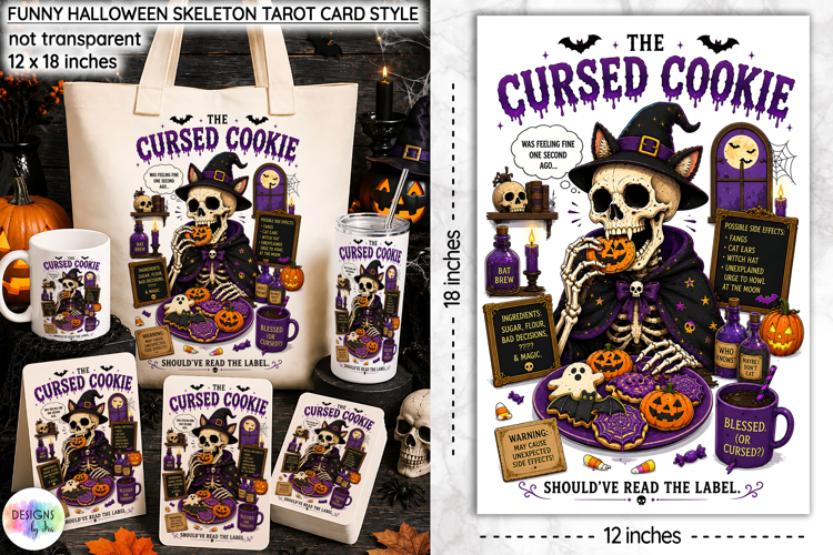 Funny Halloween Tarot Card, Cursed Cookie Skeleton PNG