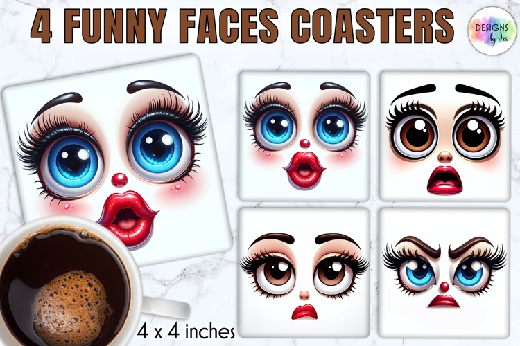 Funny Faces Coasters, Cute Emoji Face Sublimation Designs