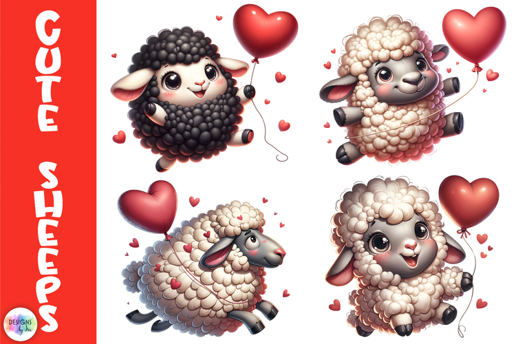 Cute Valentine Sheep Clipart, Fluffy Love Sheep with Hearts