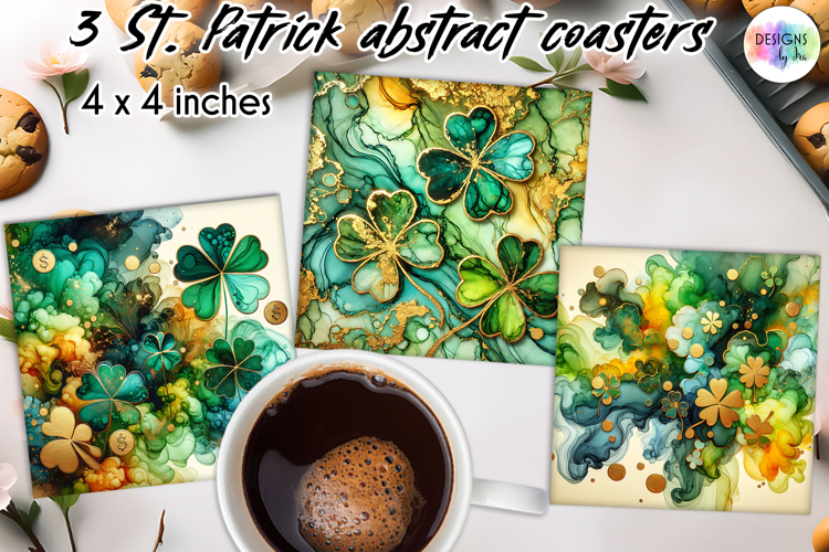 St. Patrick’s Day Clover Coasters, Alcohol Ink Shamrocks PNG
