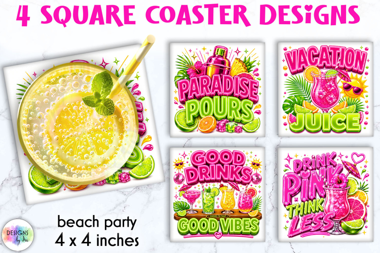 Neon Summer Cocktail Coaster Designs, Tropical Drink Quotes