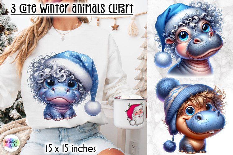 Cute Winter Animals in Blue Hat Clipart, Funny Baby Hippo